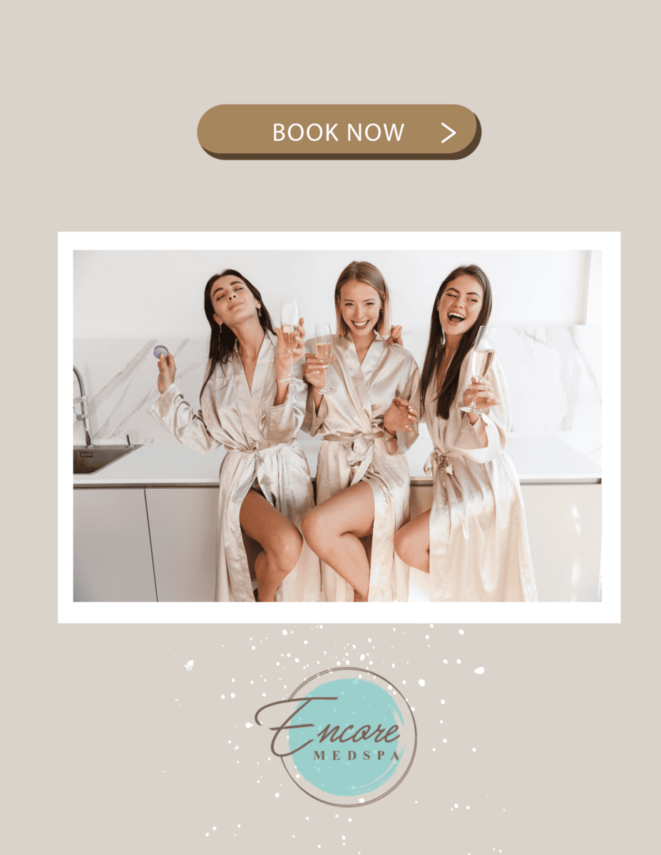 Book now, Encore MedSpa logo, image of three beautiful women enjoying champagne at spa