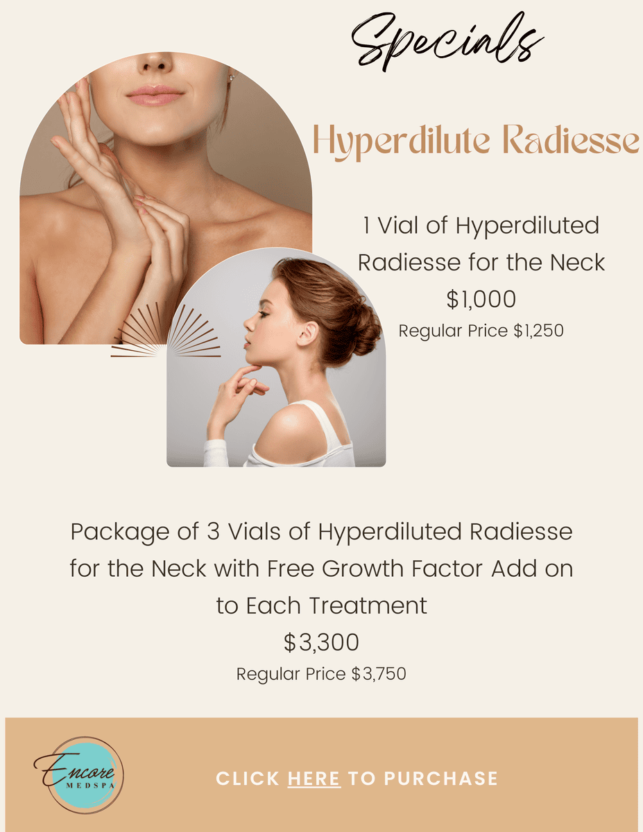 Specials hyperdilute radiesse, 1 Vial of Hyperdiluted Radiesse for the Neck $1,000 Regular Price $1,250, Package of 3 Vials of Hyperdiluted Radiesse for the Neck with Free Growth Factor Add on to Each Treatment $3,300 Regular Price $3,750, click here to purchase
