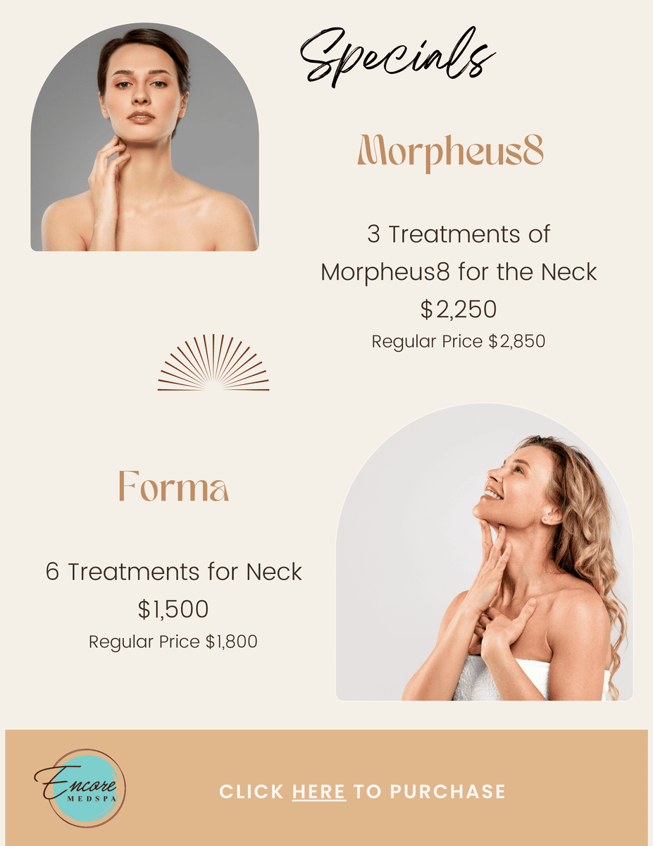 Specials Morpheus8, 3 Treatments of Morpheus8 for the Neck $2,250 Regular Price $2,850, Forma, 6 Treatments for Neck $1,500 Regular Price $1,800, click here to purchase