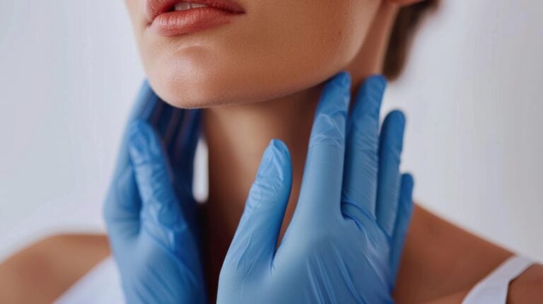 womans neck and lower face with hands wearing plastic gloves on neck, getting ready for hyperdilute radiesse® treatment