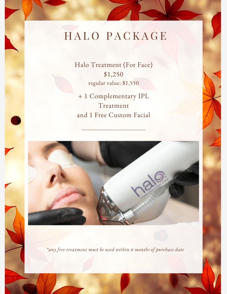 Promotional graphic for a Halo facial treatment package priced at $1,250, with a photo of a laser facial treatment and an autumn-leaf background. Transcribed Text: HALO PACKAGE Halo Treatment (For Face) $1,250 regular value: $1,550 1 Complementary IPL Treatment and 1 Free Custom Facial halo HYBRID FRACTIONAL LASER *any free treatment must be used within 6 months of purchase date